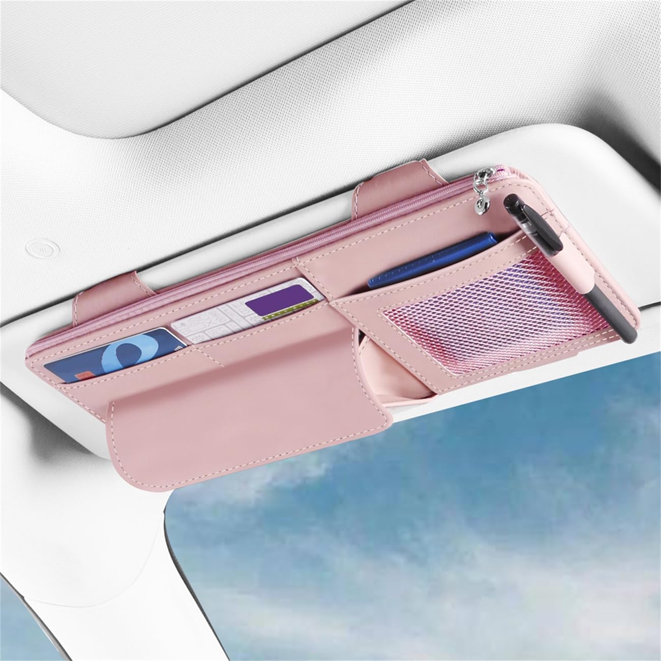 71Ca8WrJb-L._AC_SL1300_.jpg Car Sun Visor Organizer With Multiple Pockets, Sunglass Clip, And Document Holder - Image 1