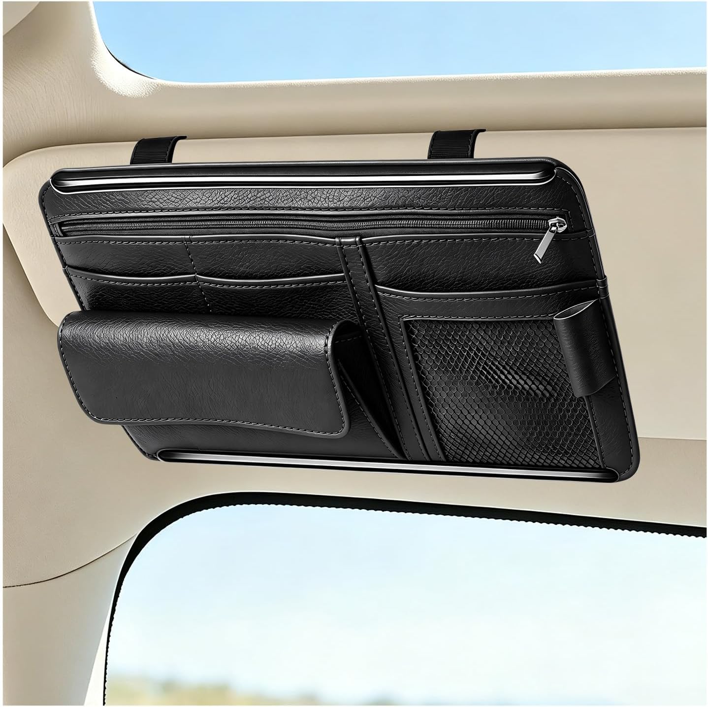 71UQvEKRqtL._AC_SL1500_.jpg Scratch-Resistant Leather Car Sun Visor Organizer With Mesh Pocket And Zipper - Image 1
