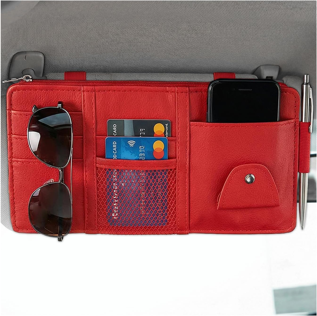 71ws0xP8szL._AC_SL1500_.jpg Waterproof Car Sun Visor Organizer With Mesh Pocket, Sunglass Clip, And Multiple Pockets - Image 1