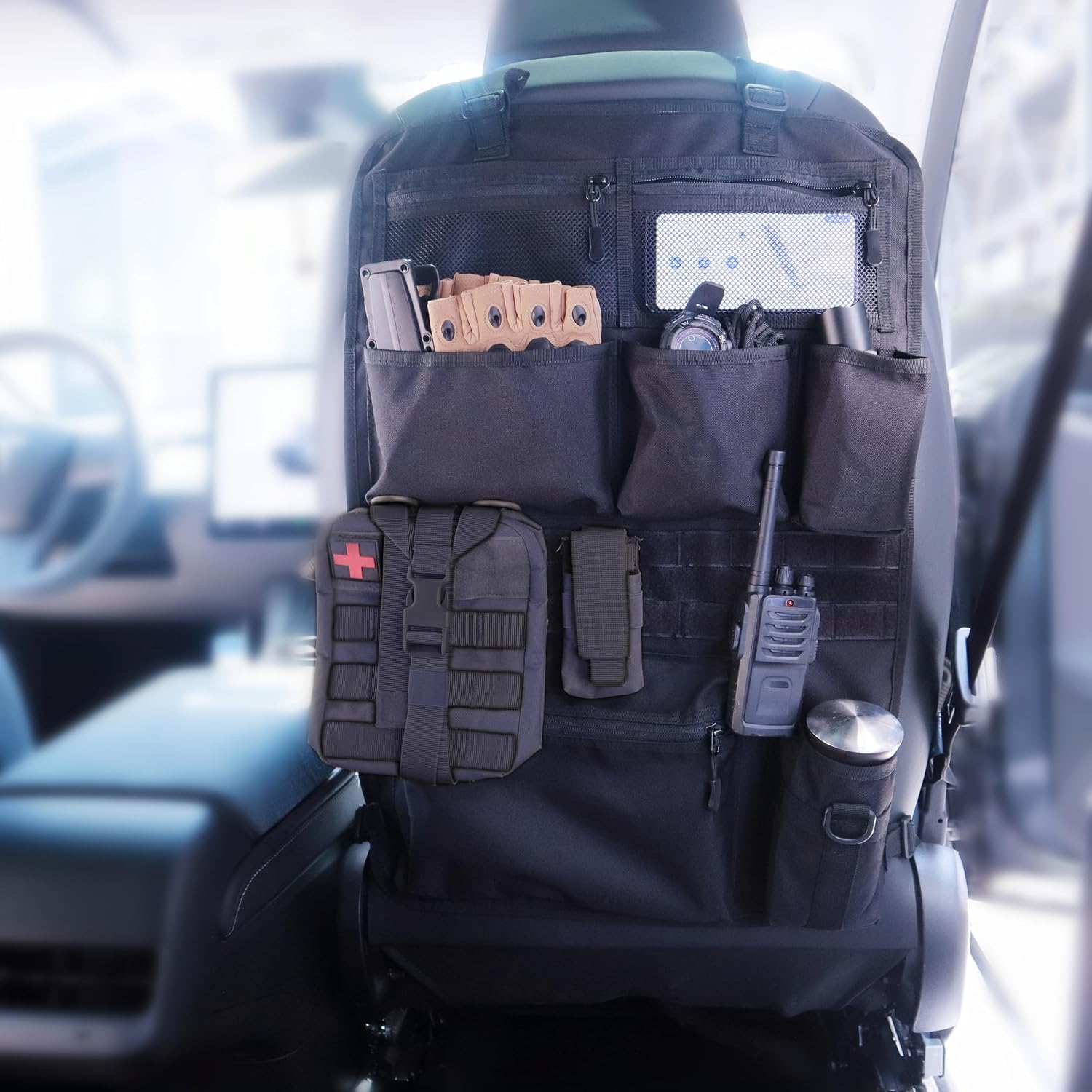 81QcEqlsCVL._AC_SL1500_.jpg 7-Compartment Tactical Vehicle Seat-Back Organizer With Waterproof Velcro Design - Image 1