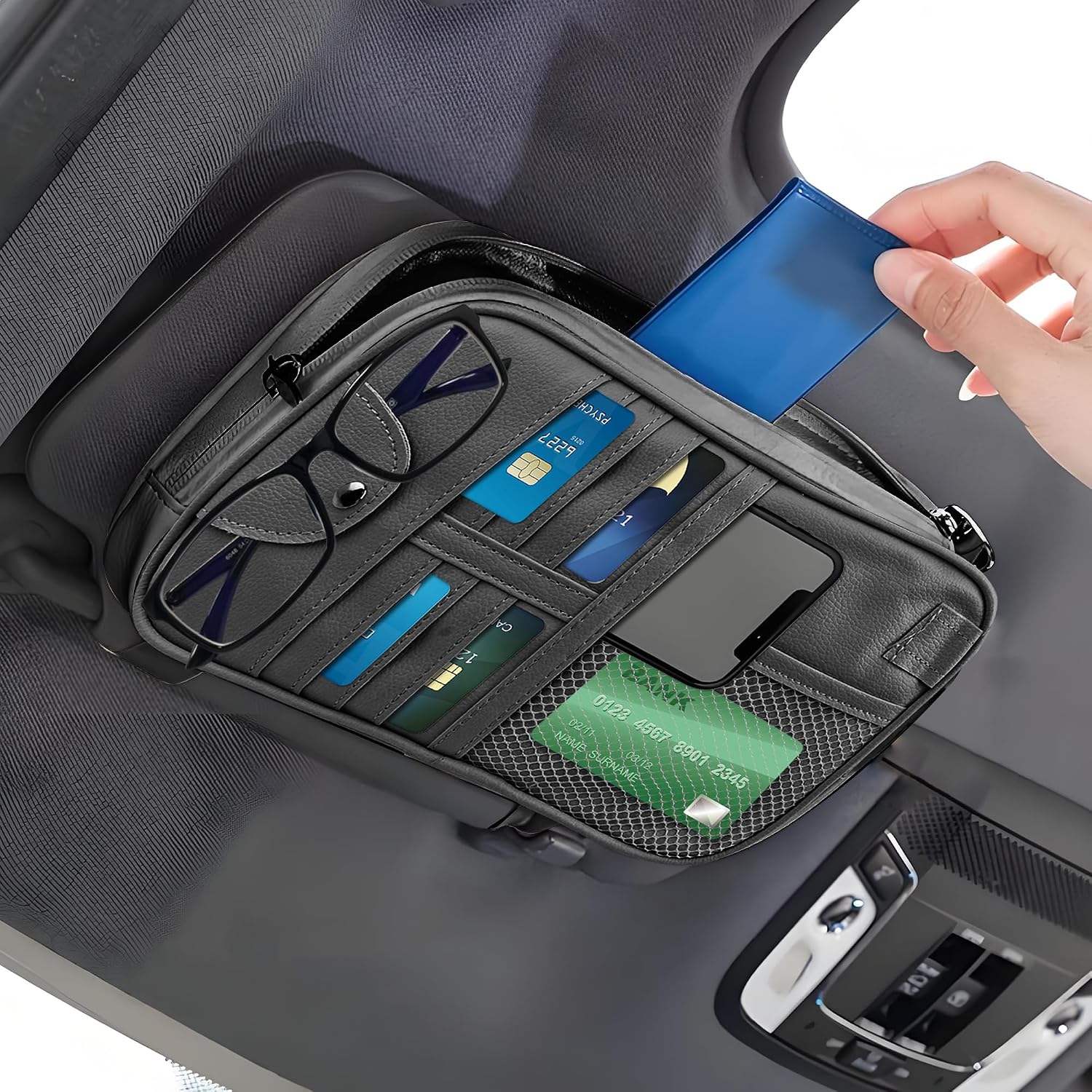 81hwD9veHqL._AC_SL1500_.jpg Multifunctional Pu Leather Car Sun Visor Organizer With Multiple Pockets - Image 1