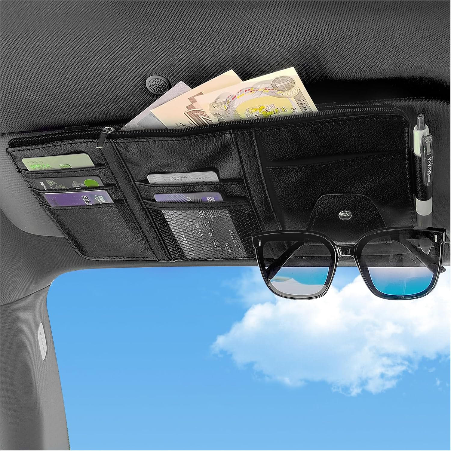 81jLsvVUx6L._AC_SL1500_.jpg Multifunctional Leather Car Sun Visor Organizer With Sunglass Clip - Image 1